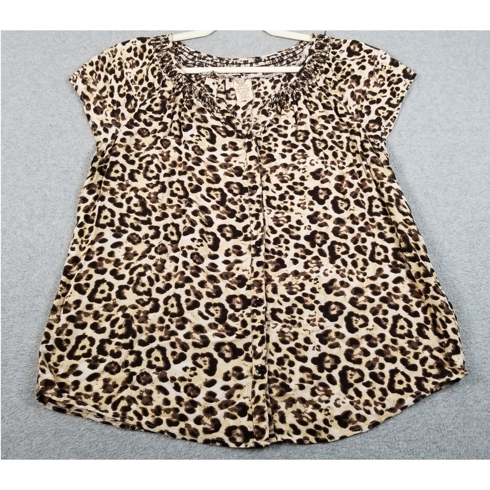 Faded Glory Blouse Women XL 16 18 Brown Leopard Print Button Up Funky Casual Top